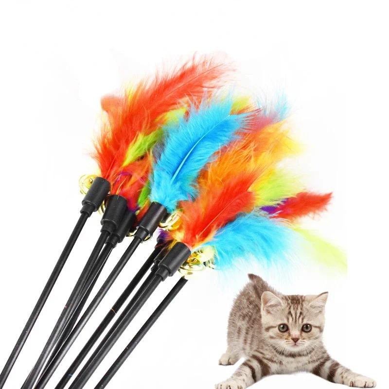 1pcs Interactive Cat Teaser Wand Toy with Bell Feather Wire Rod Funny Kitten Chase Toy for Cats