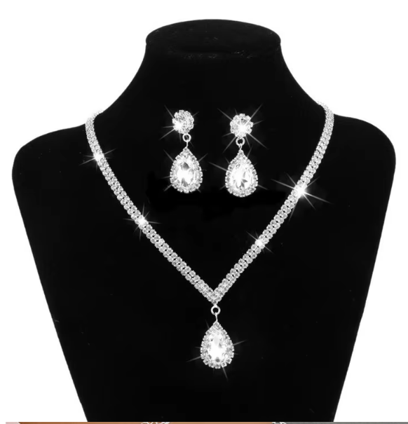 Water Drop Rhinestone Jewellery Set Long Pendant Full Crystal Silver Plated Necklace & Earrings Elegant Bridal Wedding J