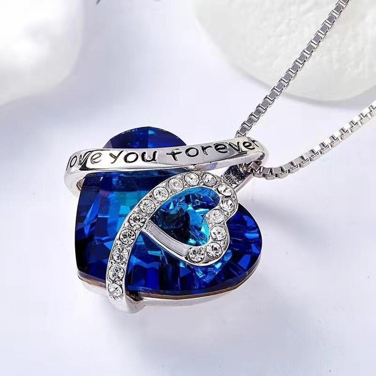 Heart Pendant Necklace for Girls I Love You Forever Letter Elegant Blue Cubic Zircon Women's Necklace Fashion Jewelry
