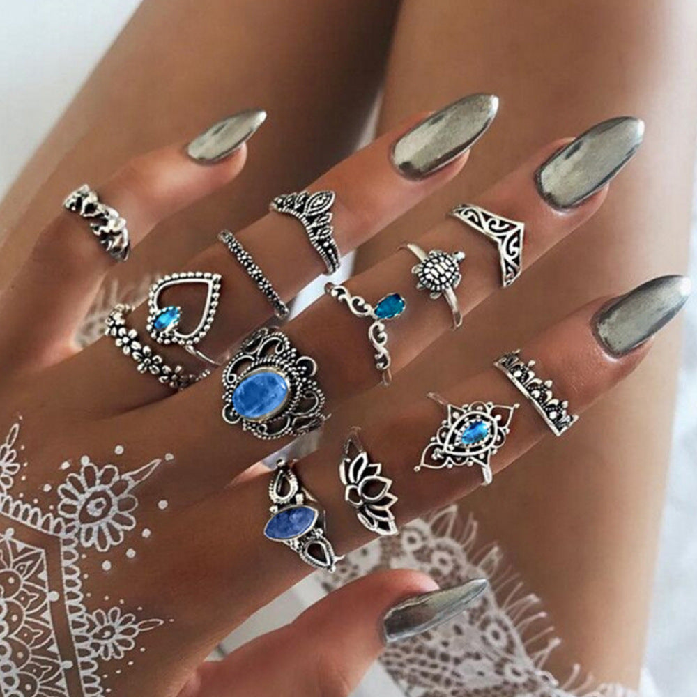 Antique Ocean Blue Ring Set – 13 Pcs