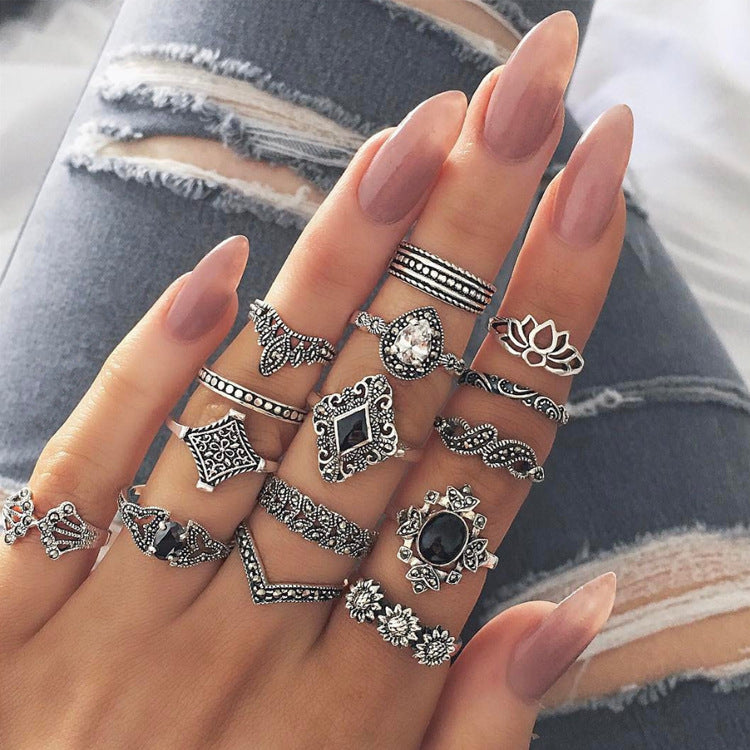 Antique Silver Ring Set – 15 Pcs