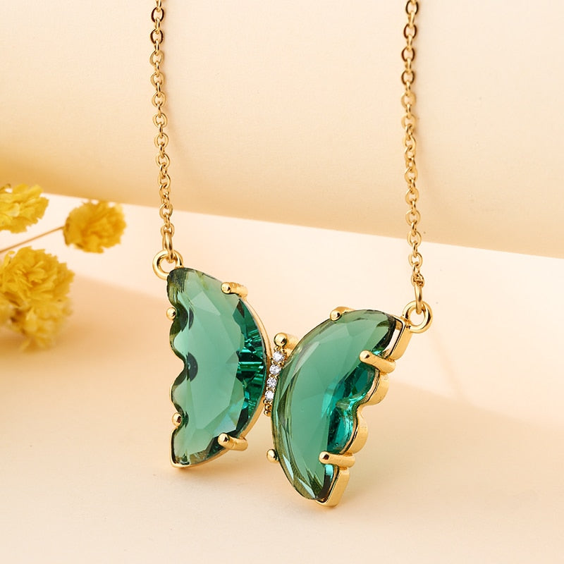 Transparent Butterfly Pendant Necklace Stainless Steel Crystal Shine Cute Butterfly Necklace for Girls