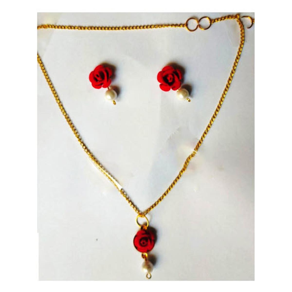 Rose Flower Locket Pack of 3, Necklace and Pair of Earrings for Women, Golden Chain with Pendant and Free Tiny Box, Fash
