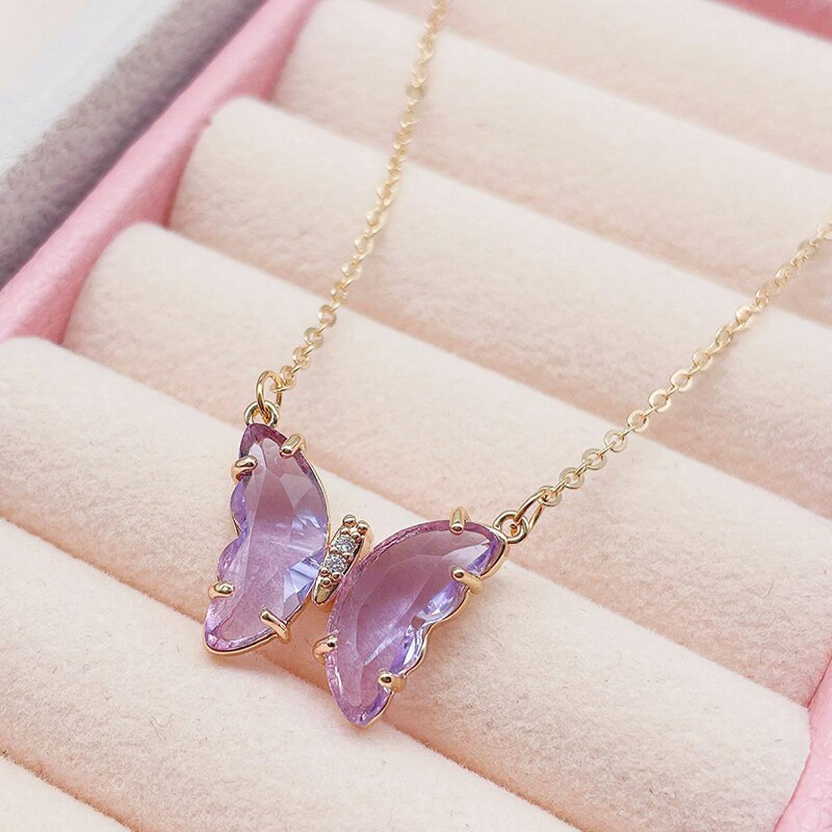 Transparent Butterfly Pendant Necklace Stainless Steel Crystal Shine Cute Butterfly Necklace for Girls