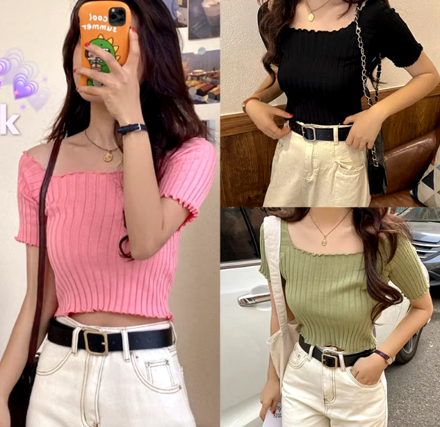One Line Neck Knitted Short Sleeve Top for Girls High - for Women - Great for Casual and Formal Wear