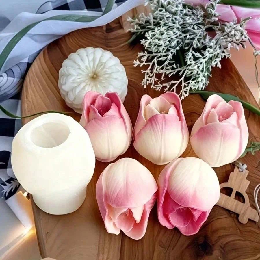 Tulip Mould 3D Rose Candle Molds Silicone Flower Shaped Moulds for Candle Making DIY Resin Crafts Fondant Cake Deco