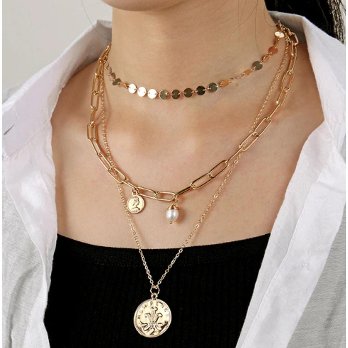 Coin Thick Chain OT Buckle Necklace Vintage Carved Punk Metal Coin Collar Choker Necklace Fashion Women Bohemian Punk Je