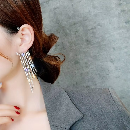 1 PCS Rhinestone Crystal Tassel Chain Without Pierced Earrings Ear Hook Super Flash Drop Dangle Earrings Accessories for