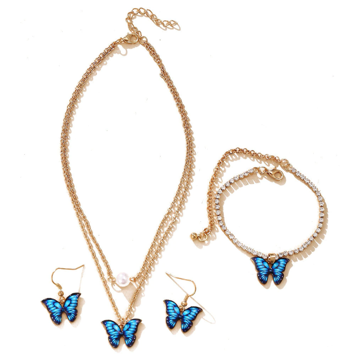 4pcs Jewelry Set Butterfly Pendant Necklace, Pair of Earrings and Bracelet for Girls Fashion Jewelry Gift Set Earrings Necklace Bracelet