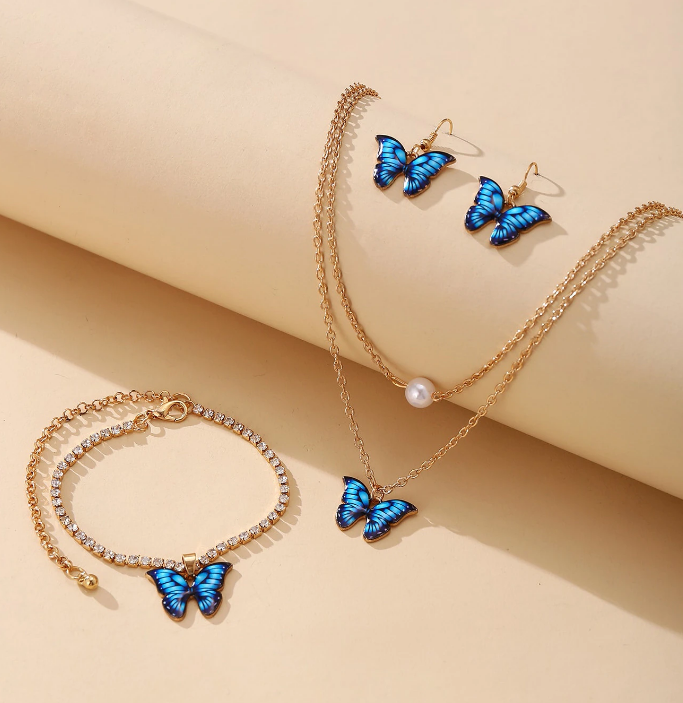 4pcs Jewelry Set Butterfly Pendant Necklace, Pair of Earrings and Bracelet for Girls Fashion Jewelry Gift Set Earrings Necklace Bracelet
