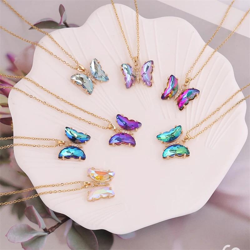 Exquisite Luxury Crystal Butterfly Charm Necklace Colorful Insect Charm Collar Chain Women's Fashion Jewelry Accessories
