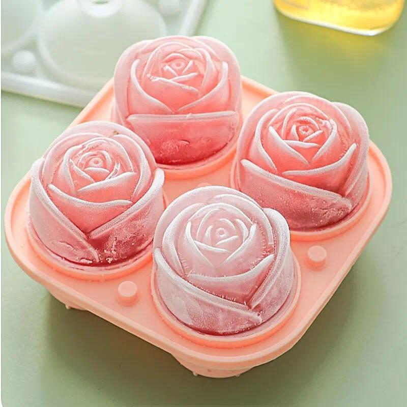 3D Rose Ice Molds 4 Holes Ice Cube Tray Mold Flower Shape Silicone Ice Mold Ice Ball Maker Bar Ice Cube Maker Tool
