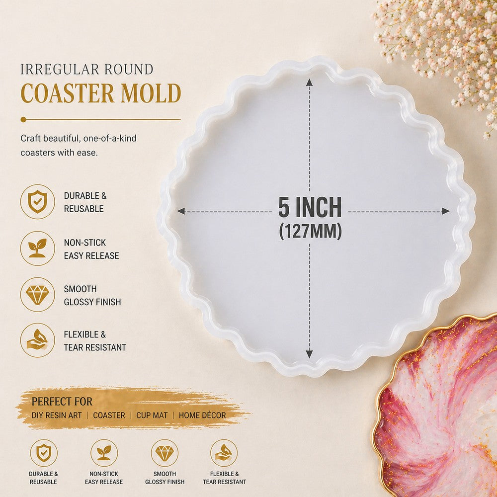 5 Inch Irregular Round Coaster Silicone Resin Coaster Mold Epoxy Geode Agate Coaster Mold Wave Edge Cup Mat Mold DIY Resin Art Mold