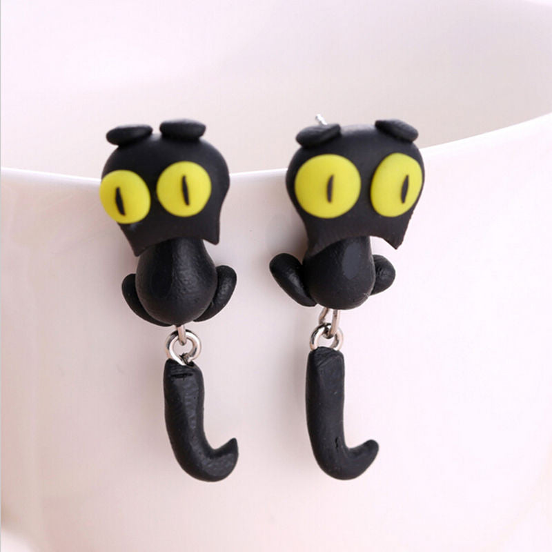 Cartoon 3D Animal Earrings For Women 1 pair Handmade Attractive Design yellow eyes Cute Cat Stud Earring Fashion Jewelry Polymer Clay