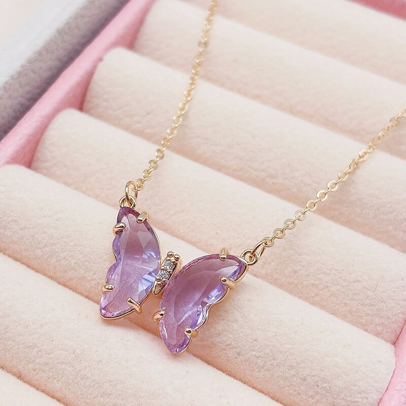 Transparent Butterfly Pendant Necklace Stainless Steel Crystal Shine Cute Butterfly Necklace for Girls
