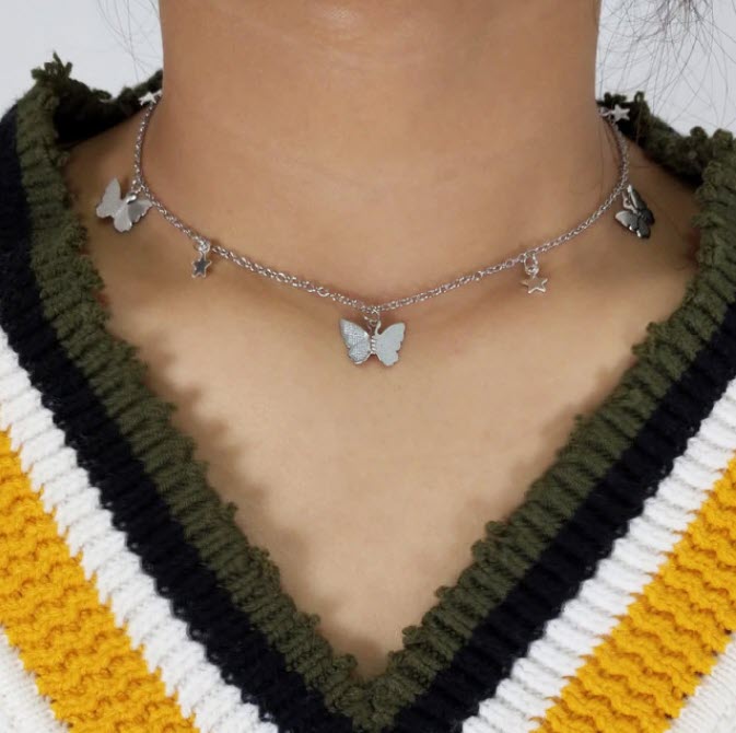 Butterfly & Stars Necklace for Girls Silver Stars and Butterflies Pendant Choker Necklace Fashion Jewelry Gift