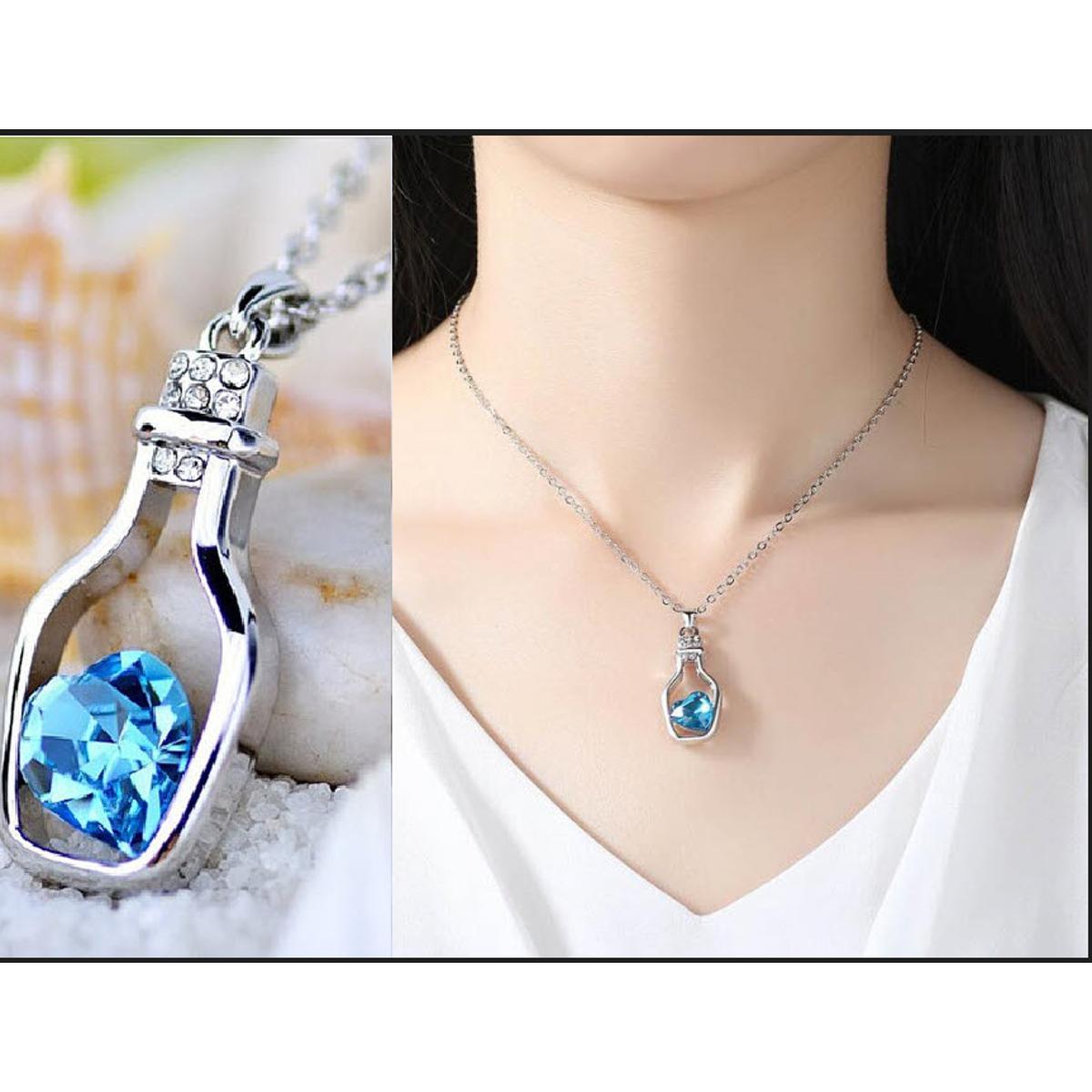 Crystal Heart Pendant Necklaces For Women Hollow Drift Bottle Fashion Jewelry Pink and Blue Color