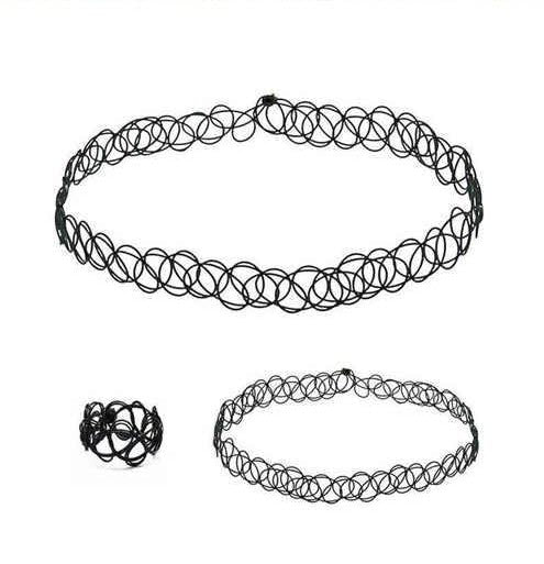 Pack of 3 Ring, Bracelet & Necklace Retro Tattoo Choker Necklace Set Black Elastic Fashion Jewelry