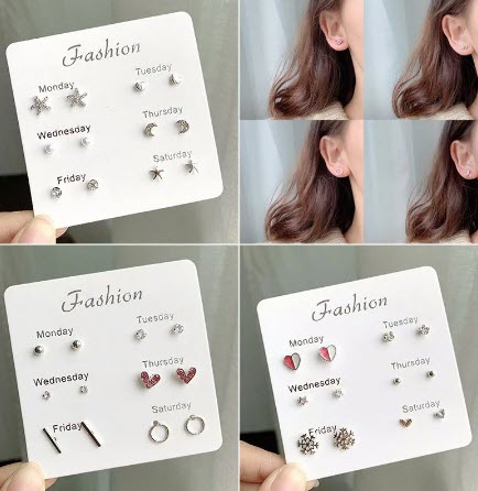 Pack of 6 Pair of earrings for Girls Heart Star Mini Earrings Set Fashion Girl Small Jewelry Square Leaf Pearl Stud Earr